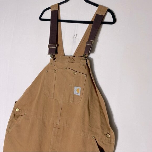 Carhartt Tan Duck Canvas Bib Overalls Double Knee Work Wear 50x30 - Picture 14 of 16